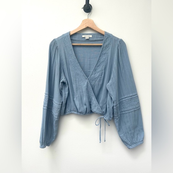 American Eagle Outfitters Tops - American Eagle Outfitters Blue Wrap Blouse with Long Sleeves Size Medium